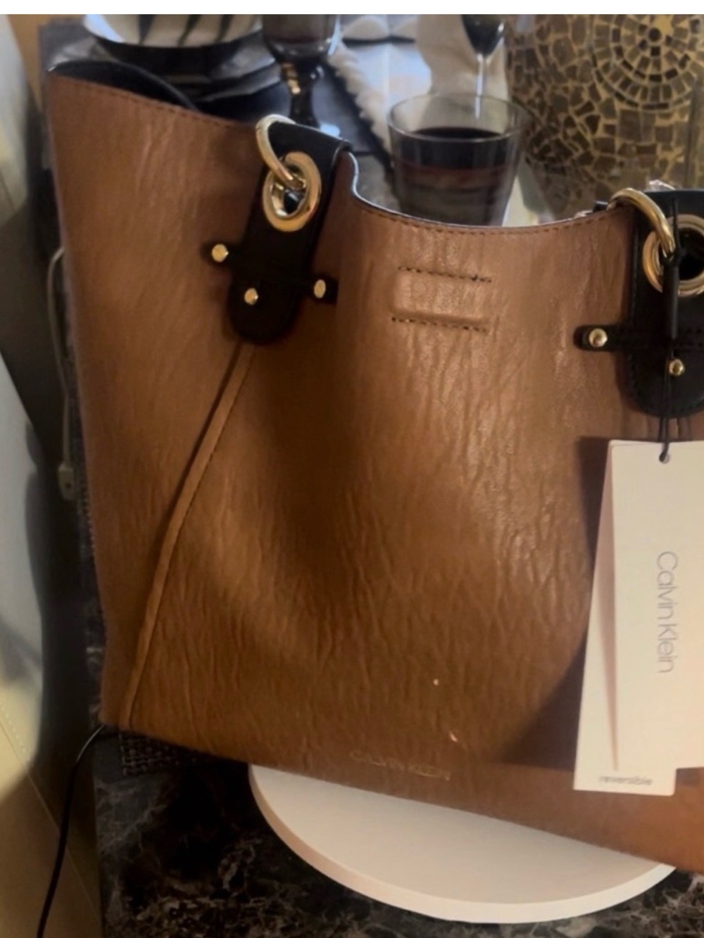 Calvin Klein Tan Shoulder Tote with Black Trim
